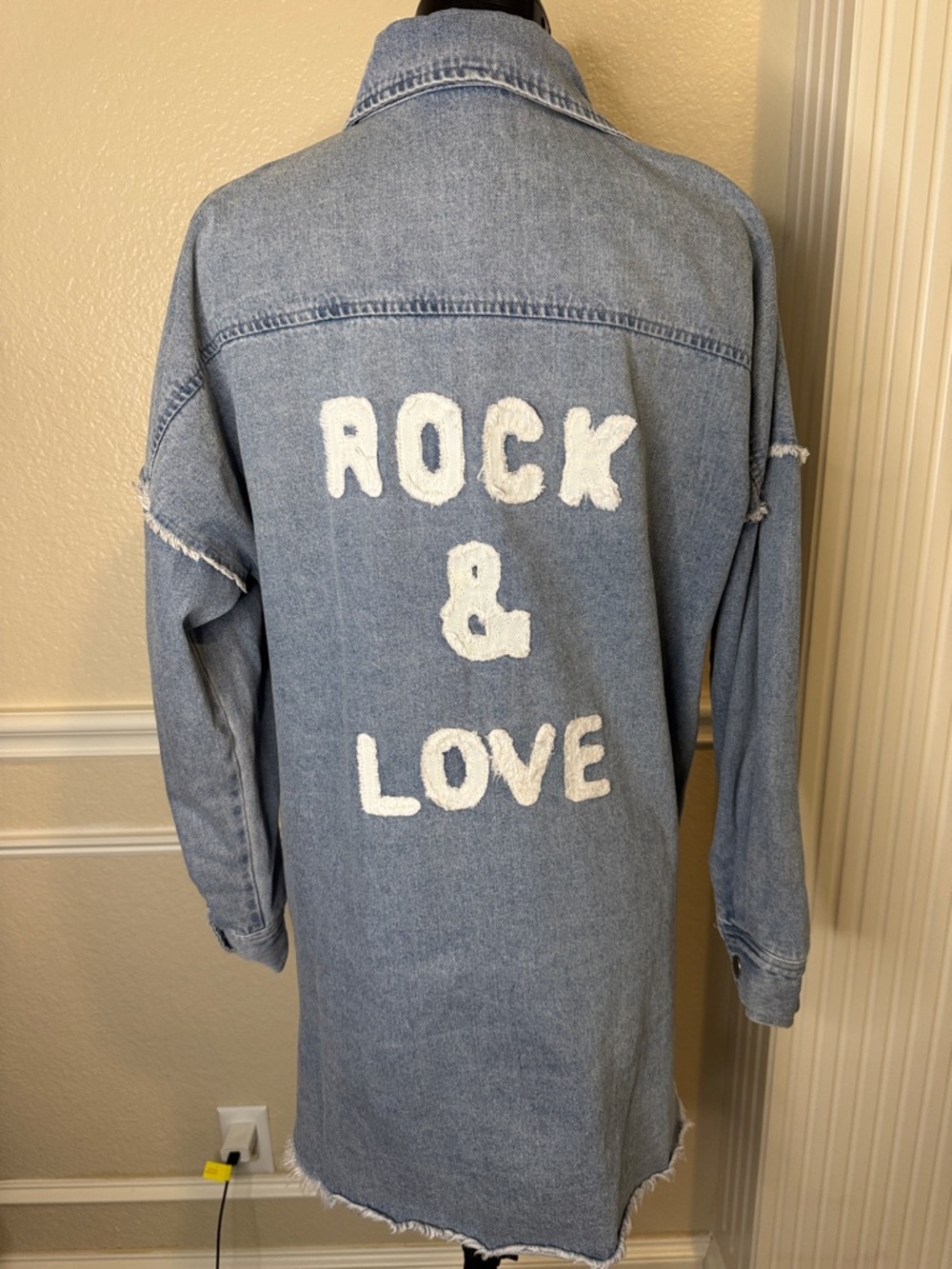 Denim Button-Down Shirt Jacket with "Rock & Love" Back